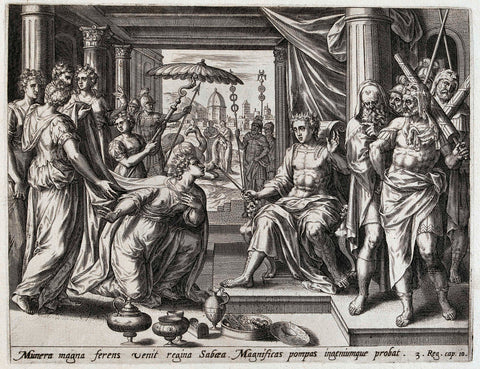 Salomo receives the queen of Seba, Hans Collaert (I) (attributed to), 1579 Canvas Print