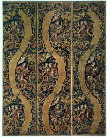 Five-bladed folding screen of polychrome gilded leather with flower, fruit and leaf vines and mythological hunting representation, Jacob and Abraham The Crooned Son Hamer, 1630 - 1650 Canvas Print