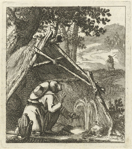 Reiziger laaft himself in front of a straw hut at a springing spring, Jan Luyken, 1689 Canvas Print