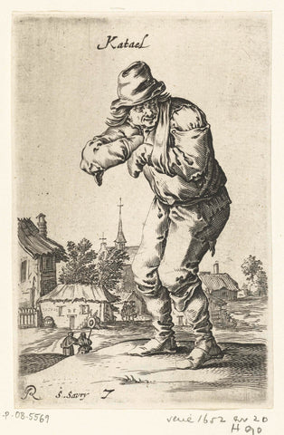 Standing hunched-over beggar with arm in sling, Salomon Savery, 1652 - 1654 Canvas Print