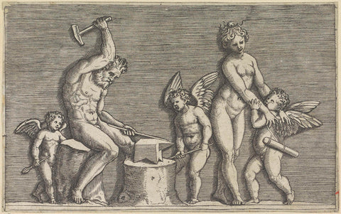 Vulcanus, Venus and three putti, Marco Dente, 1498 - 1532 Canvas Print