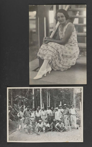 Portrait of a young woman and group photo of employees in Moengo, Suriname, anonymous, 1927 - 1931 Canvas Print