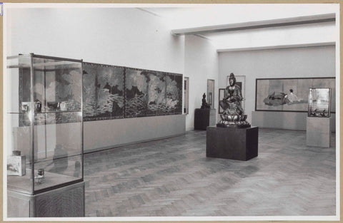 Room with two display cabinets and a statue in the middle of Bodhisattva Seishi, 1952 Canvas Print