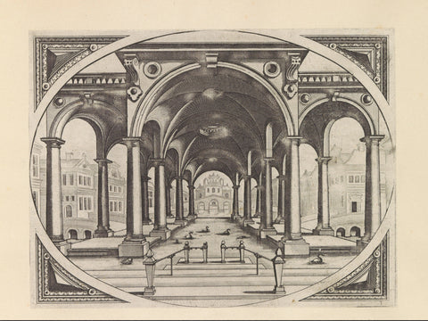 Open colonnade with columns and cross vaults above a pond, Johannes or Lucas van Doetechum, after 1601 Canvas Print