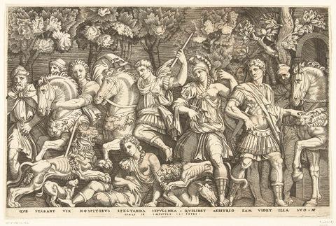 Soldiers deter lion from attacking woman, Marcantonio Raimondi, 1510 - 1577 Canvas Print