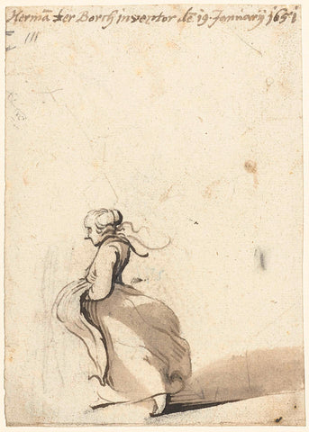 Woman walking with her hands under her apron, from the side, Harmen ter Borch, 1651 Canvas Print