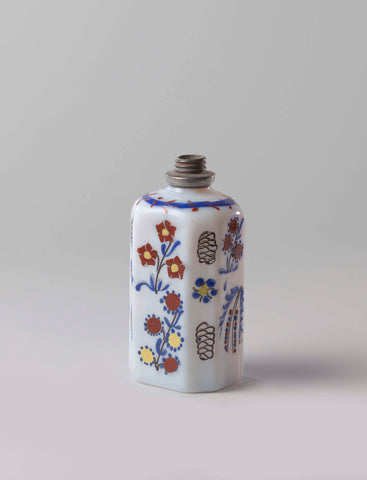 Octagonal milk glass bottle with floral and braid motifs, anonymous, c. 1700 - c. 1800 Canvas Print