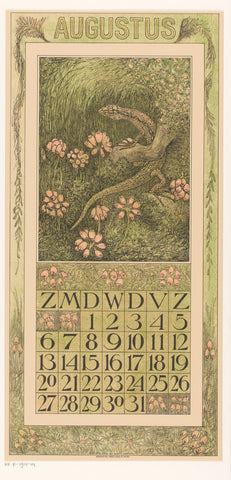 Calendar sheet August with lizard and heath, Theo van Hoytema, 1910 Canvas Print