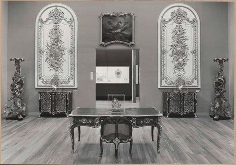 Room with writing desk with clockwork, chair, cupboards, decorated torchères, painted panels with motifs of musical instruments and a passageway, 1962 Canvas Print