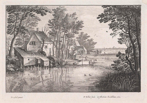 Landschap met huizen aan een sloot, Wenceslaus Hollar, 1650 Canvas Print