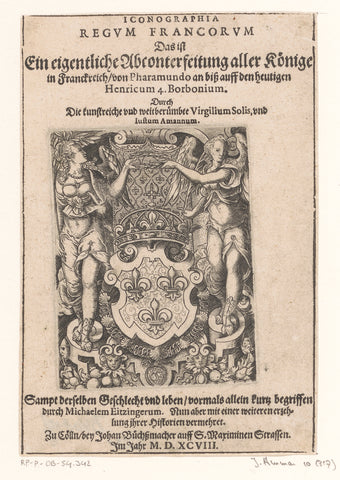 Coat of arms flanked by two angels with a laurel wreath, Jost Amman, 1598 Canvas Print