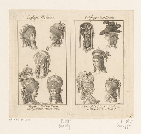 Two performances with hairstyles and headgear for women, Daniel Nikolaus Chodowiecki, 1780 Canvas Print