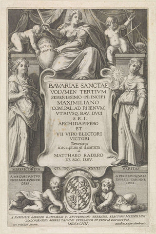 Title print of the third series on the Saints of Bavaria with the personifications Mercy and Truth, Raphaël Sadeler (II), 1627 Canvas Print