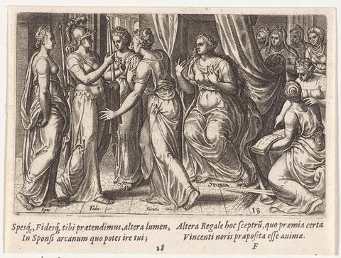 The Bride Receives Faith and Hope, Johannes Wierix (possibly), 1574 Canvas Print