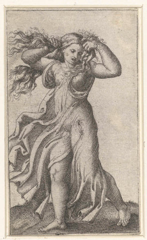 Woman in waving robe pulls at her hair, Marcantonio Raimondi (attributed to), 1510 - 1527 Canvas Print