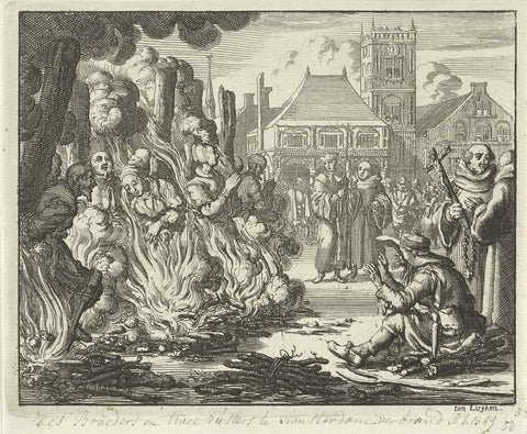 Six men and two women on dam square burned alive in front of the old town hall, 1549, Jan Luyken, 1685 Canvas Print