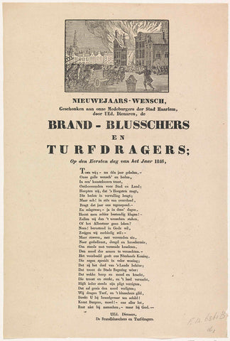 New Year's wish of the fire extinguishers and peat carriers of Haarlem for the year 1846, Hermanus Numan, 1845 - 1846 Canvas Print