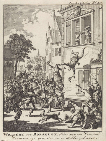 Wolfert van Borselen in Delft Thrown from the Window and Murdered, 1299, Jan Luyken, 1698 Canvas Print