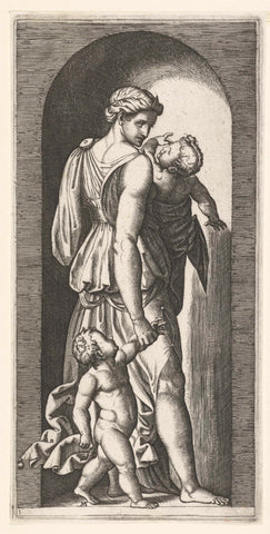 Woman as personification of Love (Caritas) with two children, Marcantonio Raimondi, 1510 - 1527 Canvas Print