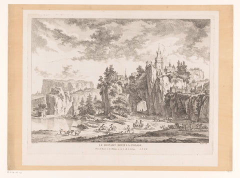 Hunting company in a landscape with a castle on a cliff, Gabriel Huquier, c. 1772 Canvas Print