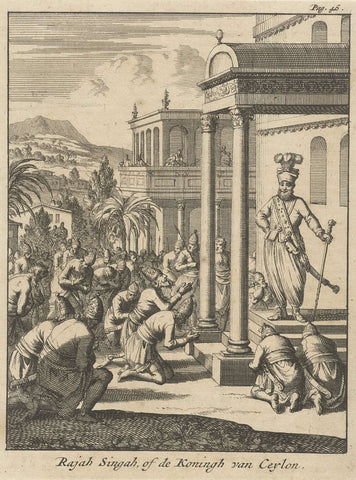 Subjects kneel before the king of Ceylon, Rajah Singah, Jan Luyken, 1692 Canvas Print