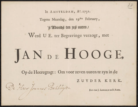 Invitation for Johannes Backhuysen for the funeral of Johanens de Hooghe (1650-1731), heirs Jacob Lescailje and Dirk Rank, in or after 1731 Canvas Print