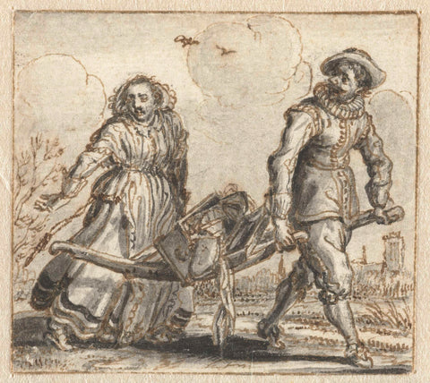 Man and a woman wear household goods on a berrie, Adriaen Pietersz. van de Venne, 1629 - 1634 Canvas Print