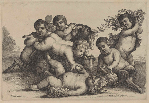 Three little boys, two satyrs, a bacchant and a goat, Wenceslaus Hollar, 1644 - 1652 Canvas Print