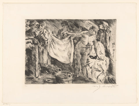 Group of women, one naked and another holding up a cloth, Lovis Corinth, 1920 Canvas Print