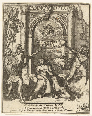 Title page for the Hollandsche Mercurius about the year 1676, Romeyn de Hooghe (attributed to), 1677 Canvas Print