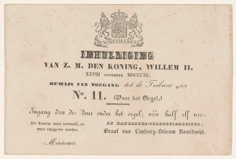 Inauguration of Z.M. den Koning, Willem II. XXVIII November MDCCCXL. Proof of access to the Tribune of No. 11., anonymous, 1840 Canvas Print