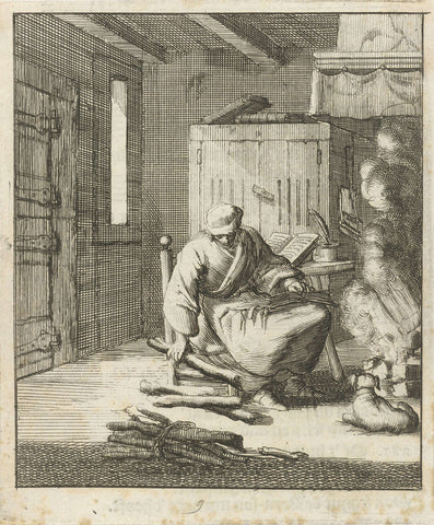 Writer Willem Sluiter sits on a low chair by the fire and picks up a few pieces of firewood, Jan Luyken, 1687 Canvas Print