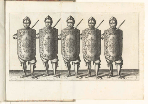 The exercise with the targe and rapier: five soldiers standing side by side in rank with the targe and rapier in front of the chest, (no. 14), 1618, Adam van Breen, 1616 - 1618 Canvas Print