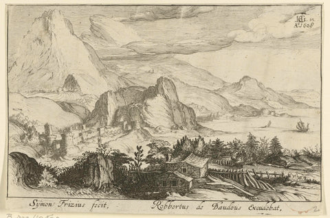 Mountain landscape with buildings, Simon Frisius, 1608 Canvas Print