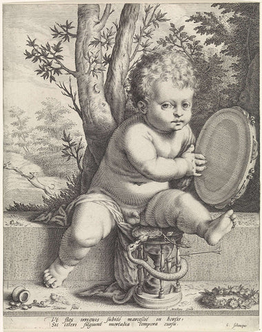 Child with tambourine and hourglass, Jacob Matham, 1593 - 1597 Canvas Print