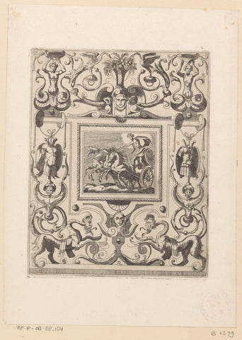 Grotesque ornament with Apollo on his solar car in the middle, anonymous, 1624 - 1679 Canvas Print