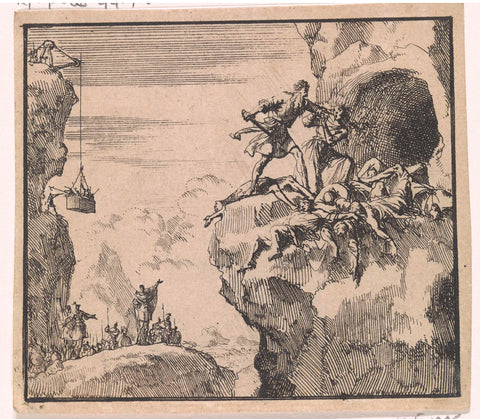 Rover kills his fellow robbers in front of the entrance of a cave, Jan Luyken, 1698 Canvas Print