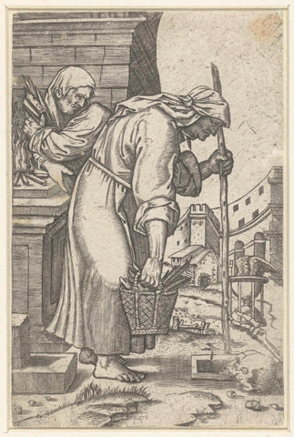 Old woman approaches her grave, Marcantonio Raimondi (possibly), 1510 - 1527 Canvas Print