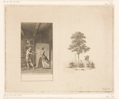 On the left Nanette and Albert in the log cabin and on the right a man and woman under a large tree, Daniel Nikolaus Chodowiecki, 1794 Canvas Print