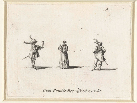 Lady, a bottle in hands, seen on the left, between two gentlemen, Jacques Callot, 1633 - 1635 Canvas Print