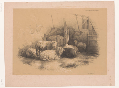 Study of a flock of sheep at a fence, Pierre Frédéric Lehnert, 1838 - 1840 Canvas Print