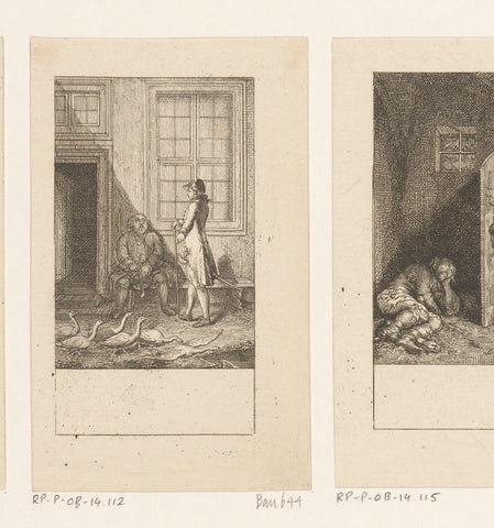 Two men and a group of geese in front of a house, Daniel Nikolaus Chodowiecki, 1779 Canvas Print