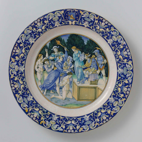 Dish with the Calumny of Apelles and the arms of the Ridolfi family, Nicolá da Urbino (attributed to), c. 1520 - c. 1525 Canvas Print