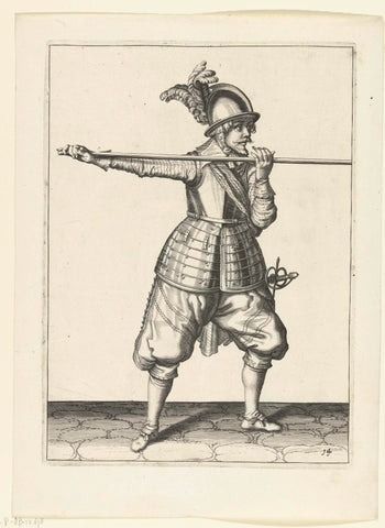 Soldier carrying his skewer with both hands horizontally at shoulder height, his right hand at the foot of the coat of arms, Jacob de Gheyn (II) (workshop or), 1597 - 1607 Canvas Print