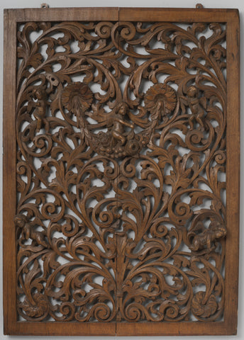 Panel with openwork symmetrical ornament of acanthus vines with flowers and putti and in the middle an eagle and putto on fesen, anonymous, 1650 - 1700 Canvas Print