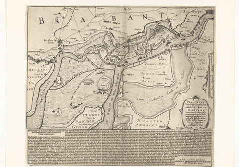 Map with the construction of the Spanish ramp at Zandvliet, 1627, Claes Jansz. Visscher (II), 1627 Canvas Print