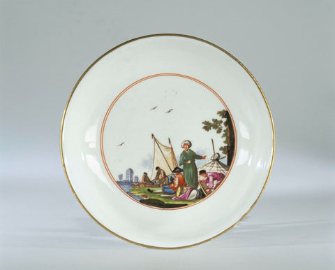 Dish, multicolored painted with a water landscape with merchants, Meissener Porzellan Manufaktur, c. 1740 Canvas Print