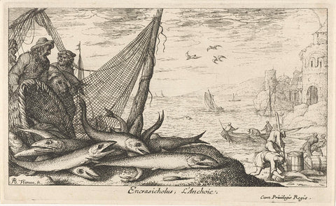 Anchovies at a basket and fishing net, Albert Flamen, 1664 Canvas Print