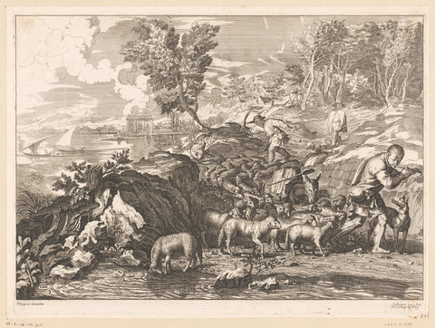 Shepherds with flock of sheep in a coastal landscape, Jean Lepautre, 1628 - 1682 Canvas Print