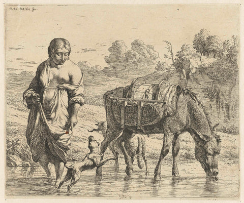 Woman and a drinking donkey stand in shallow water, a dog jumps up at her feet, Karel du Jardin, 1652 - 1659 Canvas Print